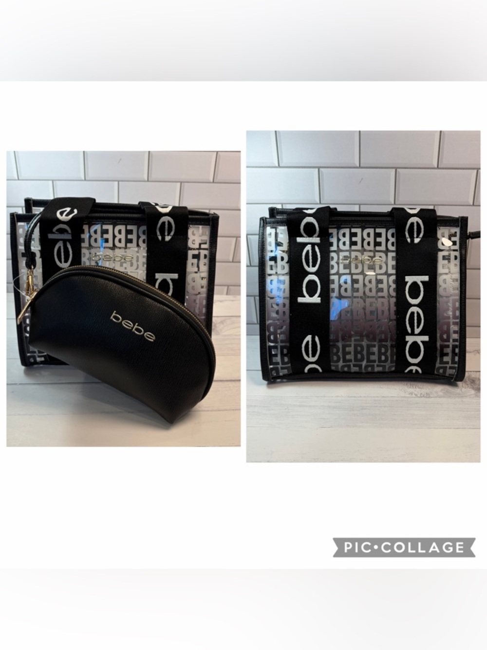 Bebe Black Clear Logo Tote with Black Pouch women satchel